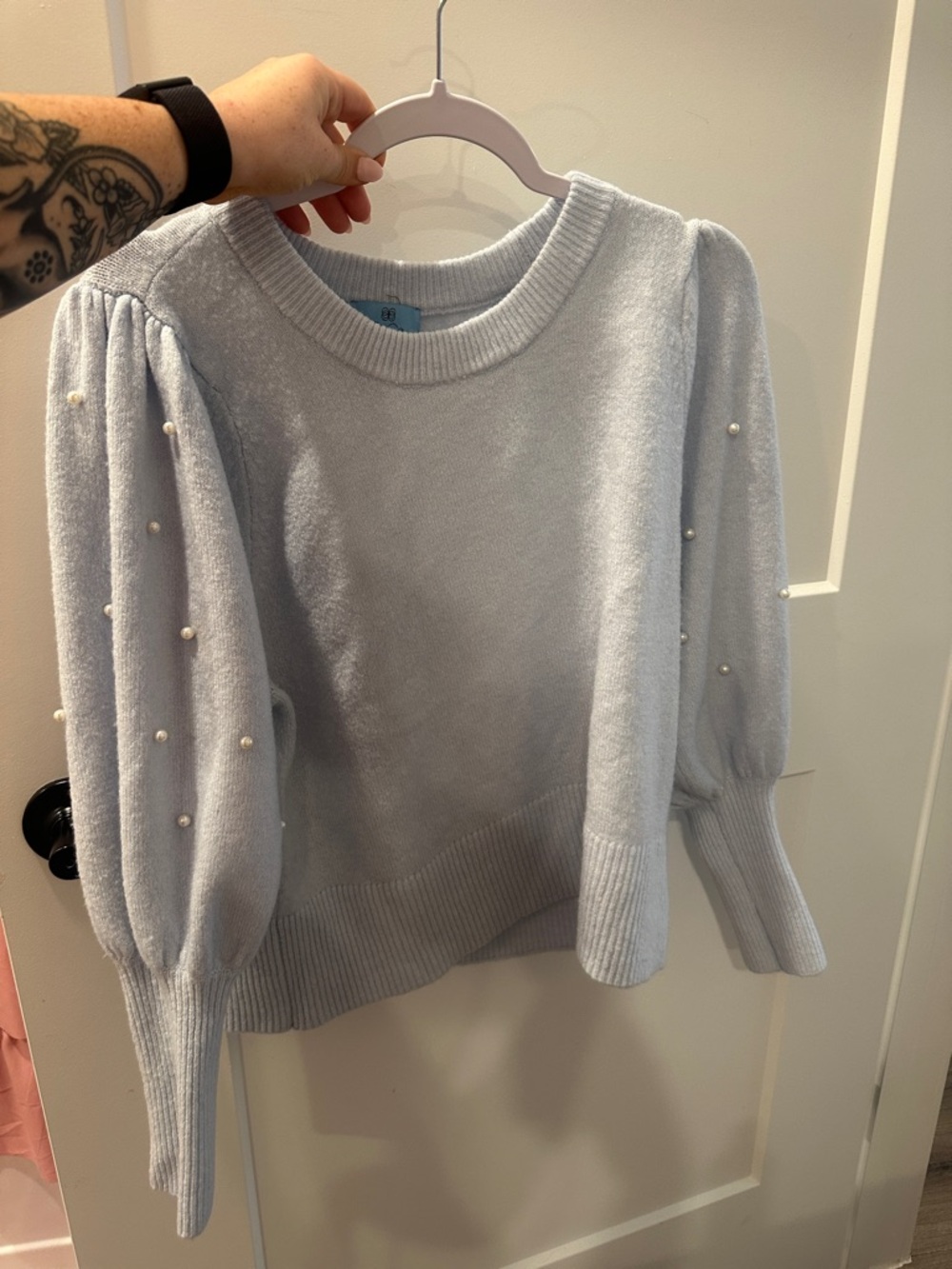 CeCe Powder Blue Pearl-Embellished Puff Sleeve Sweater